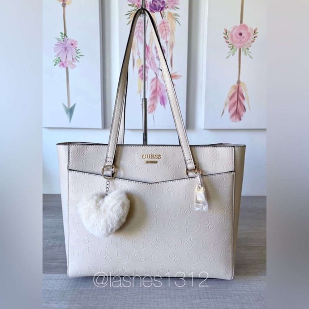 GUESS Purse Valletta Tote Bag - Stone Beige Deboss Logo